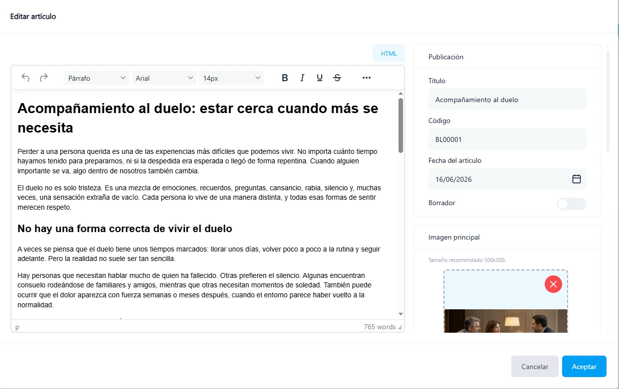 Editor de blog para funerarias optimizado para SEO